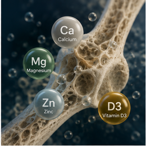 Calcium, magnesium, zinc and vitamin D3 shown around bone tissue